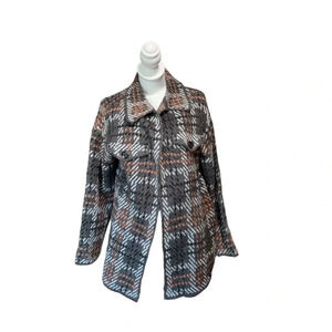 Love Ever After women's small plaid cardigan, grey, black, beach and white